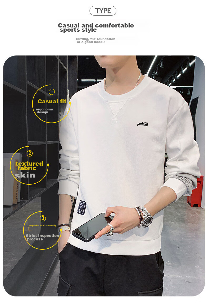 Mianzhi Men's Sweatshirt, Spring And Autumn Outdoor Sports Versatile Long-Sleeve Thin Undershirt, White, XL 6