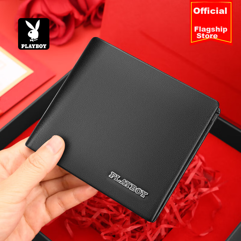 PLAYBOY Men's Wallet, Top-Grain Leather, Short Style, Multi-Card Slots, Bill Holder, Birthday Gift for Husband Or Boyfriend, Gift Box