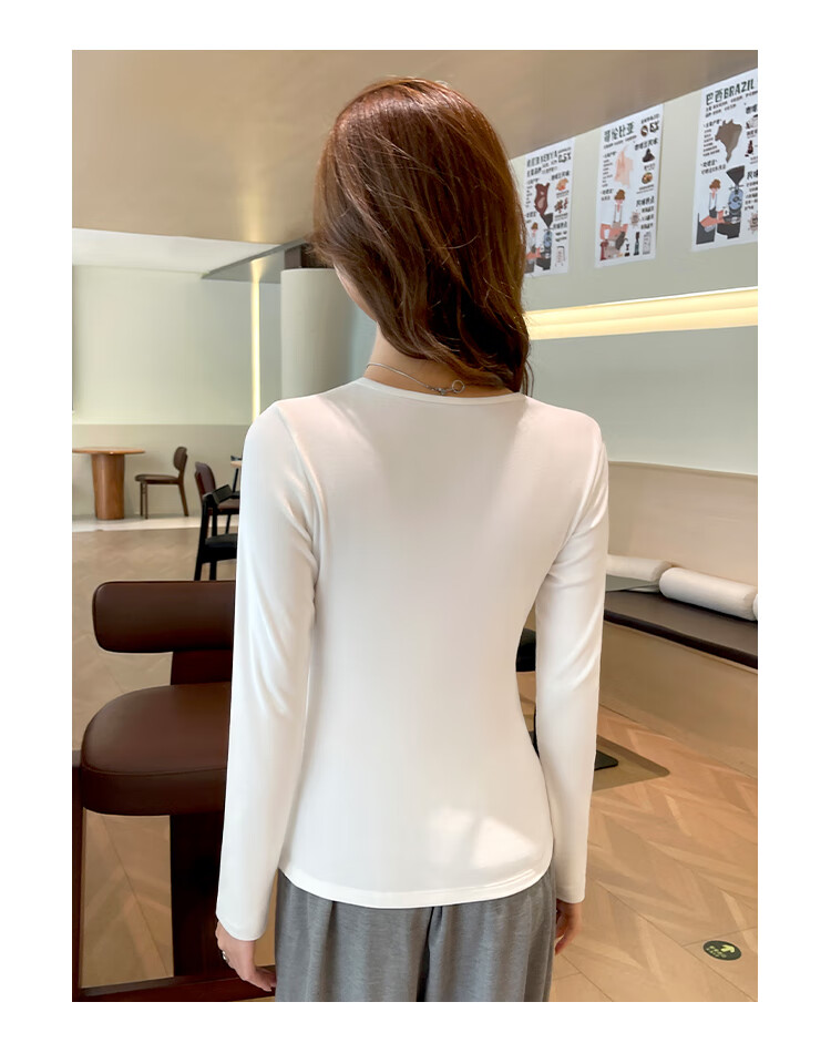 Zhuomuniao Autumn And Winter New Women's Long-Sleeve T-Shirt, Thick Fleece, Small U-Neck, Slim-Fit Top, Black, S 10