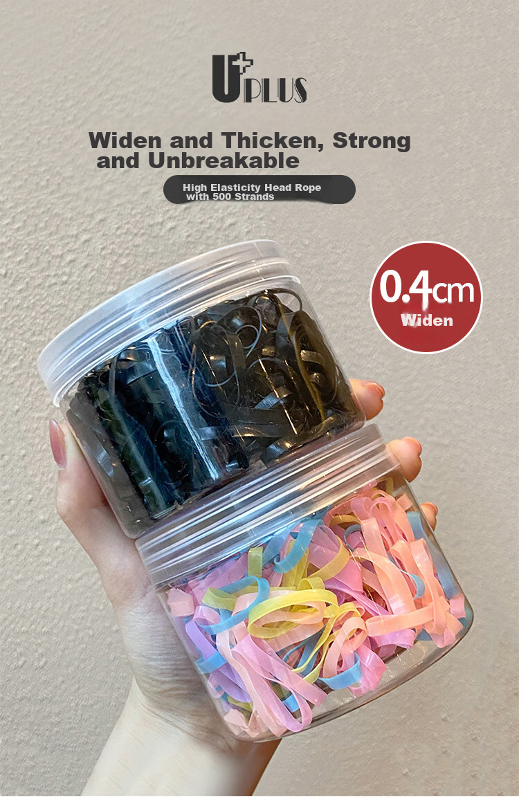 UPLUS High-Elasticity Disposable Hair Ties [Wider And Thicker, 500 Pieces] Small Rubber Bands for Hair Tying, Hair Elastics, Leather Covers, Jelly Color 1