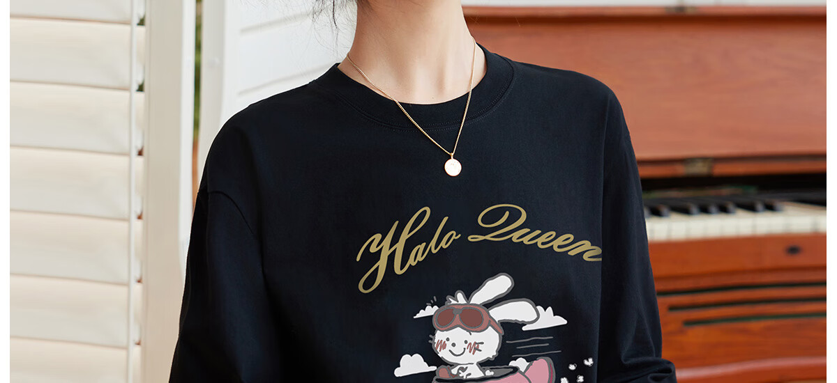 Halo Queen Women's Summer Short-Sleeve Round Neck T-Shirt, Cute Rabbit Print T-Shirt, Loose-Fitting Slimming Top, Women's H143T1417 68