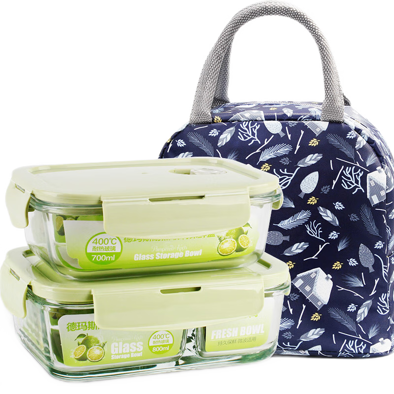Demasi Heat-Resistant Glass Food Storage Container, Microwave-Safe Lunch Box for Office Workers, Nordic Green 700 + Divider 880ml + Utensils Included