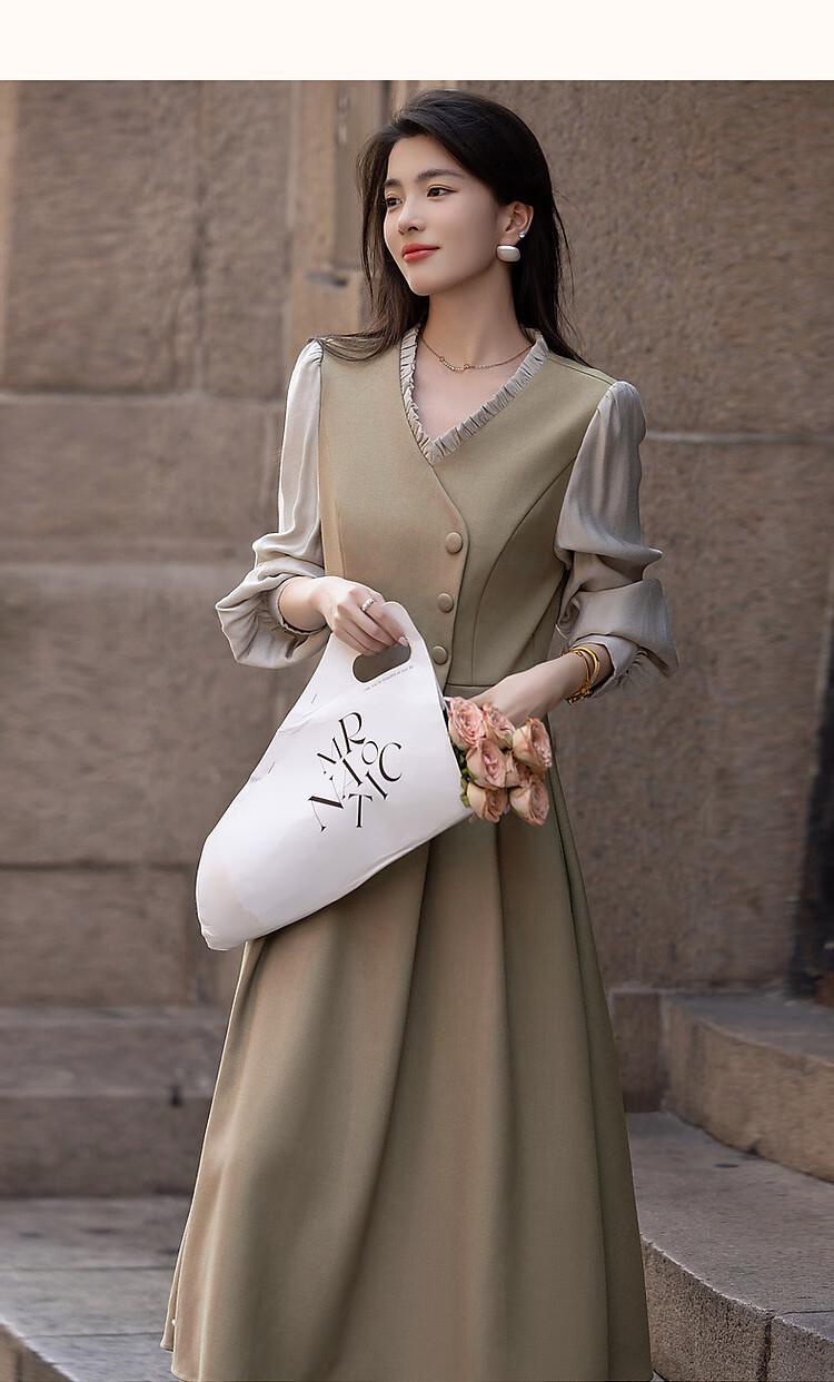 Dme [Ambiance Expert] Spring And Autumn Vintage Faux Two-Piece Ruffle V-Neck Puff Sleeve Waist-Cinching Pleated Women's Dress 17