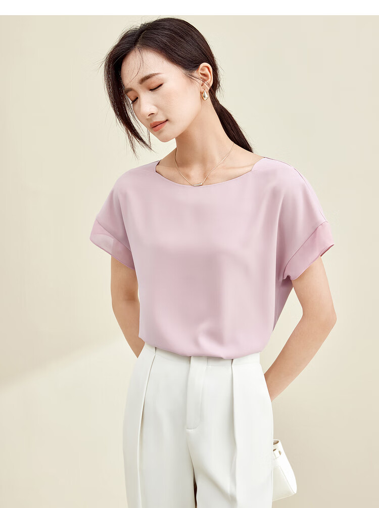 Sentubila Spliced Short-Sleeve Chiffon Blouse for Women, Slimming Tummy-Covering Top, Summer Lightweight Casual T-Shirt, Light Blue, S 34