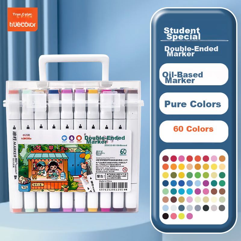 TRUECOLOR 60-Color Dual-Tip Alcohol-Based Quick-Drying Oil-Based Markers Watercolor Pens for Elementary School Students Children's Hand-Drawn Anime Design Art Drawing Set Bucket-Packed ZC632 Watercolor Pens