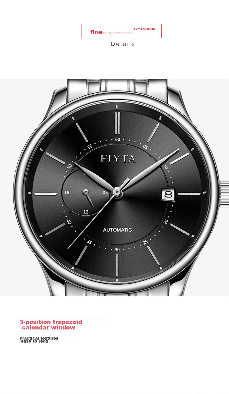 FIYTA Classic Series Calendar White Dial Steel Strap Automatic Mechanical Men's Business Watch Holiday Gift for Men 13