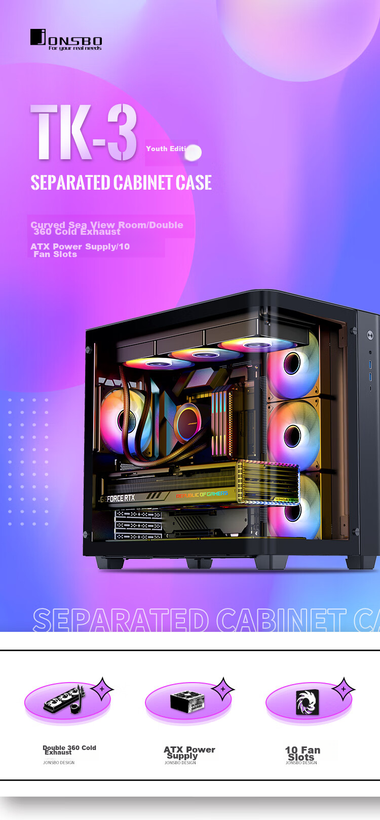 JONSBO TK-3 Black Curved Panoramic ATX Case (Dual 360 Radiator Support/ATX PSU/10 Fan Positions/Type-C Gen2 10Gbps+) 2