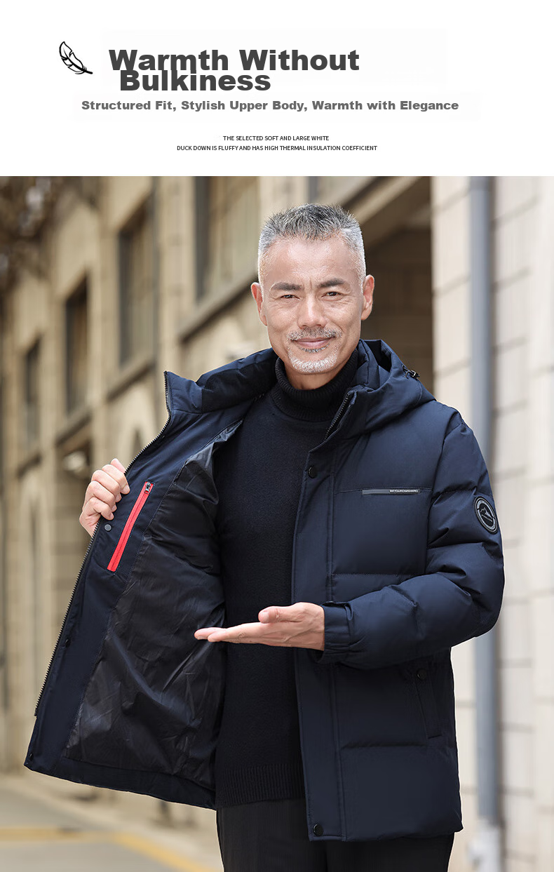 Yalu down Jacket for Men, Winter Warmth, Duck Down, Detachable Hood, Middle-Aged And Elderly Dad Style, Men's Short Coat, Outerwear 7