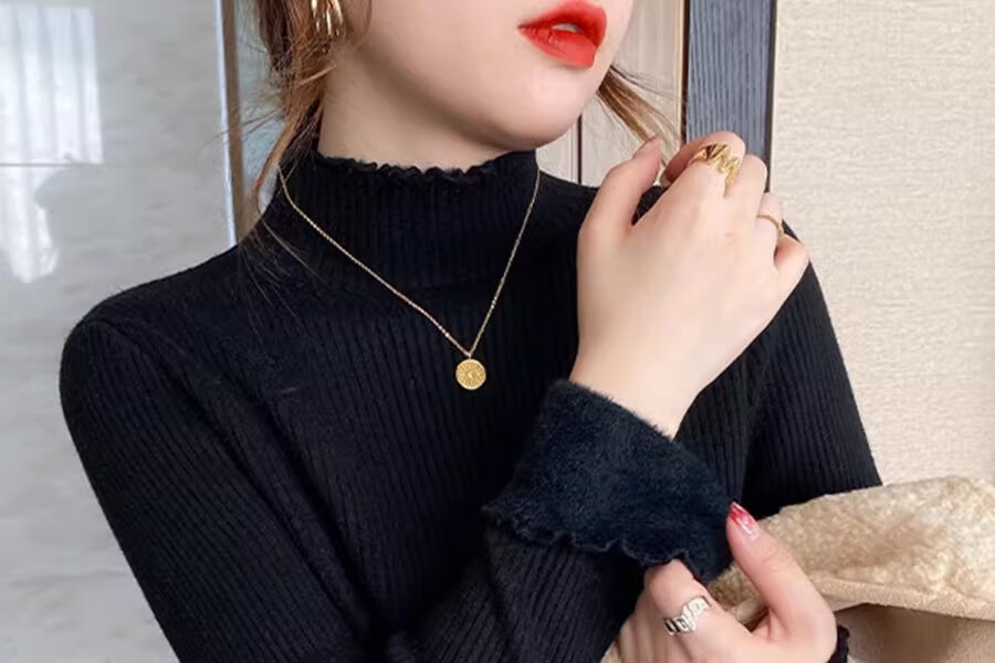 YUZHAOLIN Half Turtleneck Fleece Lined Ruffled Edge Sweater Women Autumn Winter Thickened Knitwear Warm Top 14