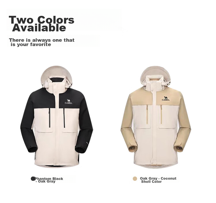 CAMEL Triple-Protection Windbreaker, Oil-Resistant And Waterproof, Three-In Mountaineering Jacket ATR036 Phantom Black, Men's And Women's Styles XS 39