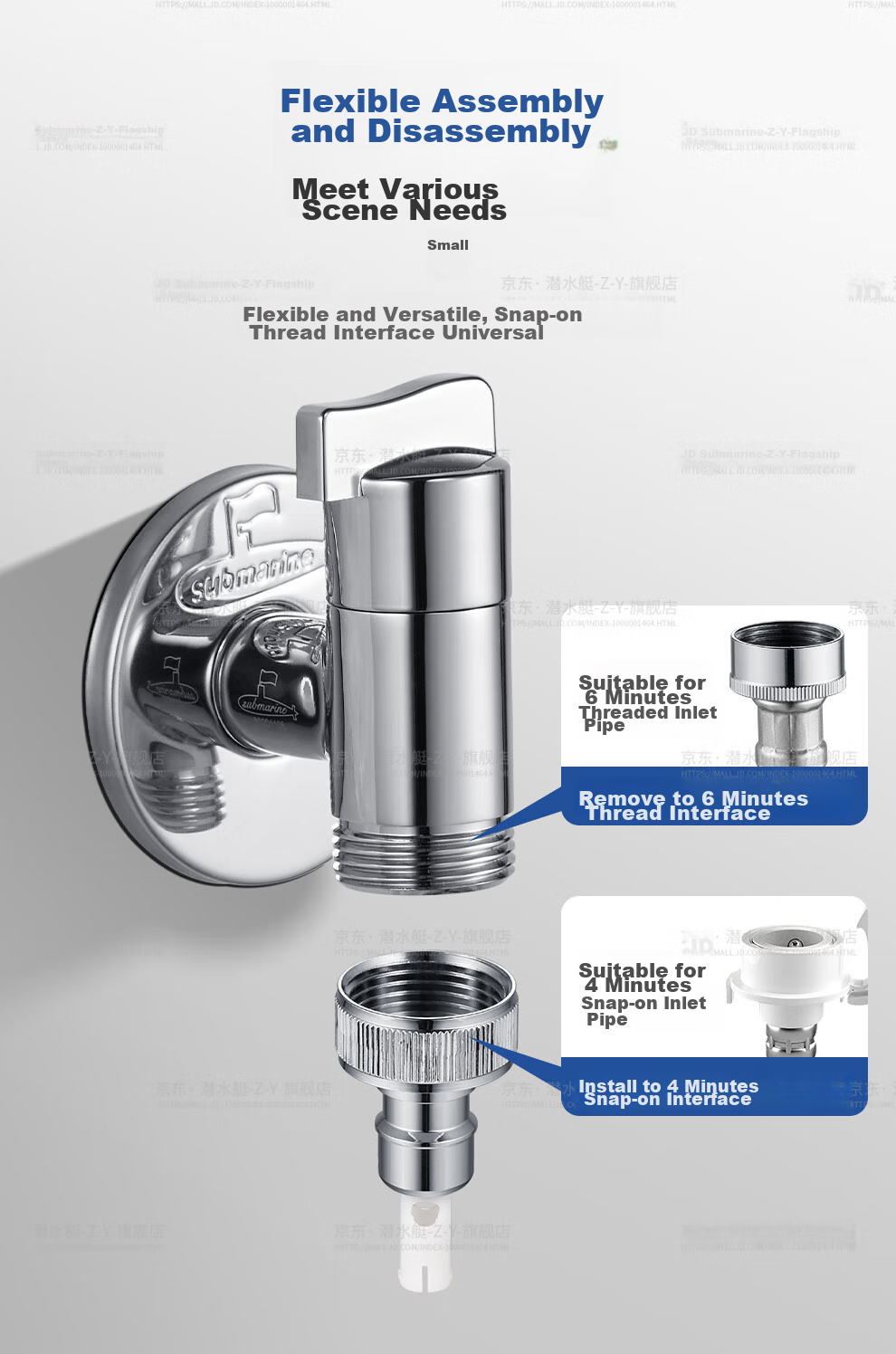 Submarine F404 Angle Valve, Washing Machine Faucet, Dishwasher, Copper Chrome-Plated, 1/2 Inch Quick Connect, 3/4 Inch Threaded, Built-In Water Stop Device, Silver Color 5