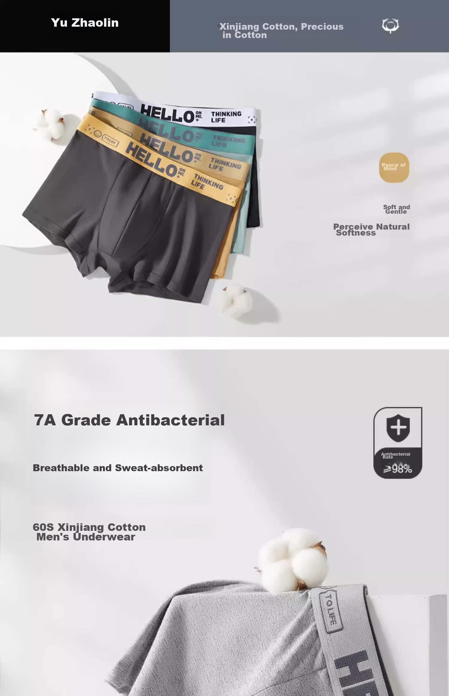 YUZHAOLIN [4 Pieces] Men's Underwear, 60-Count Combed Pure Cotton, Antibacterial, Solid Color, Comfortable Boxer Briefs, Trendy Student Style 1