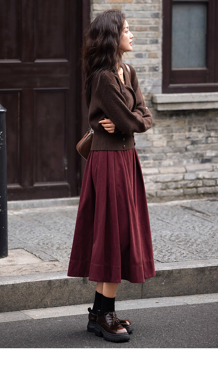 Dme [Crimson French-Style Midi Skirt], Waist-Symmetric Pleated Sharp Long Skirt, Crimson, M 12