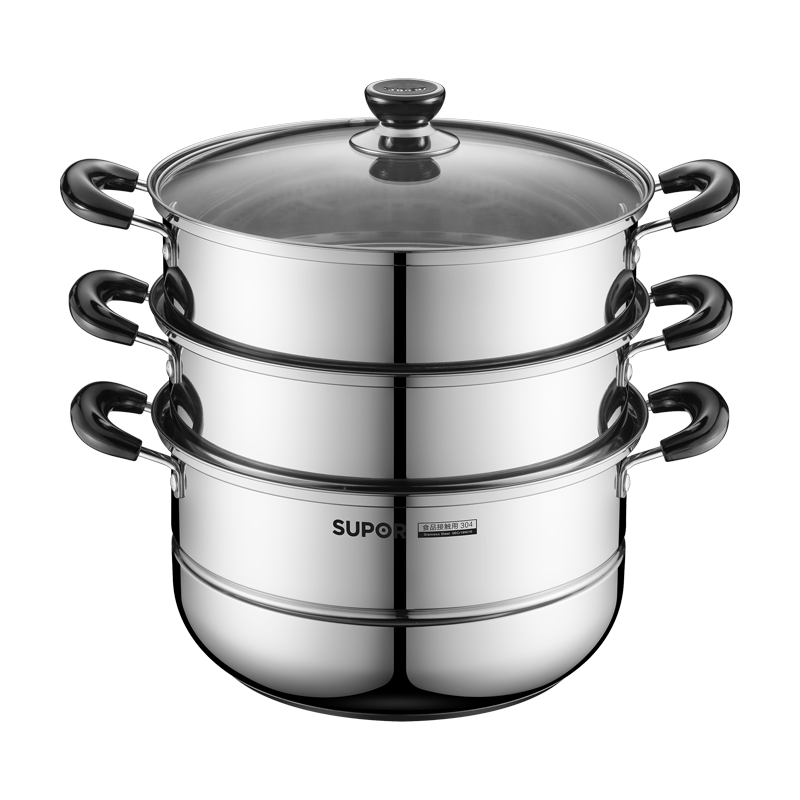 SUPOR Steamer Pot, Authentic Flavor, 304 Stainless Steel, Three-Layer Base, 26cm, for Steaming Fish And Soup, Steamer Basket, EZ26BS10