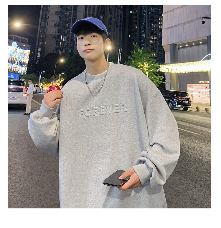 Dingfengbaoluo American Retro Crew Neck Sweatshirt for Men, Spring Trendy Steel-Printed Long-Sleeve Top DFL07 White XL 19