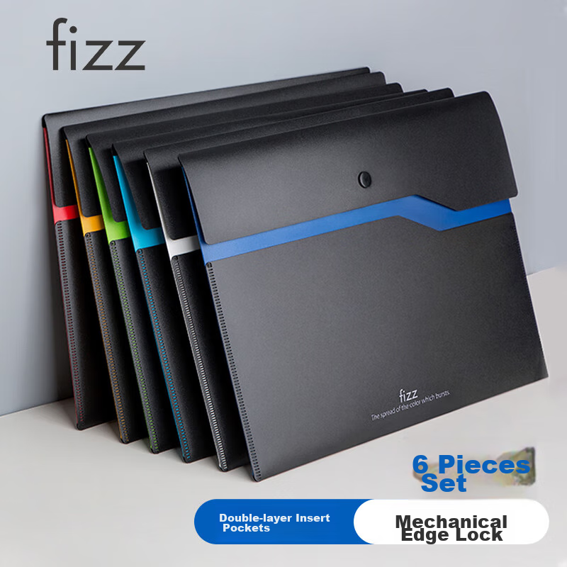 Fizz 6 Pcs 6 Colors A4 Double-Layer Thickened Button File Folder Document Exam Paper Storage Bag with Mechanical Lock Edge Waterproof File Folder Office Supplies FZ103002