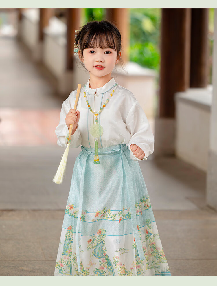 Menghu Yueqing Mountain Hanfu Girls' Spring New Style Children's Chinese-Style Ancient Costume Ming Dynasty Horse-Face Skirt Set, Pink Horse-Face Skirt, Size 100 19