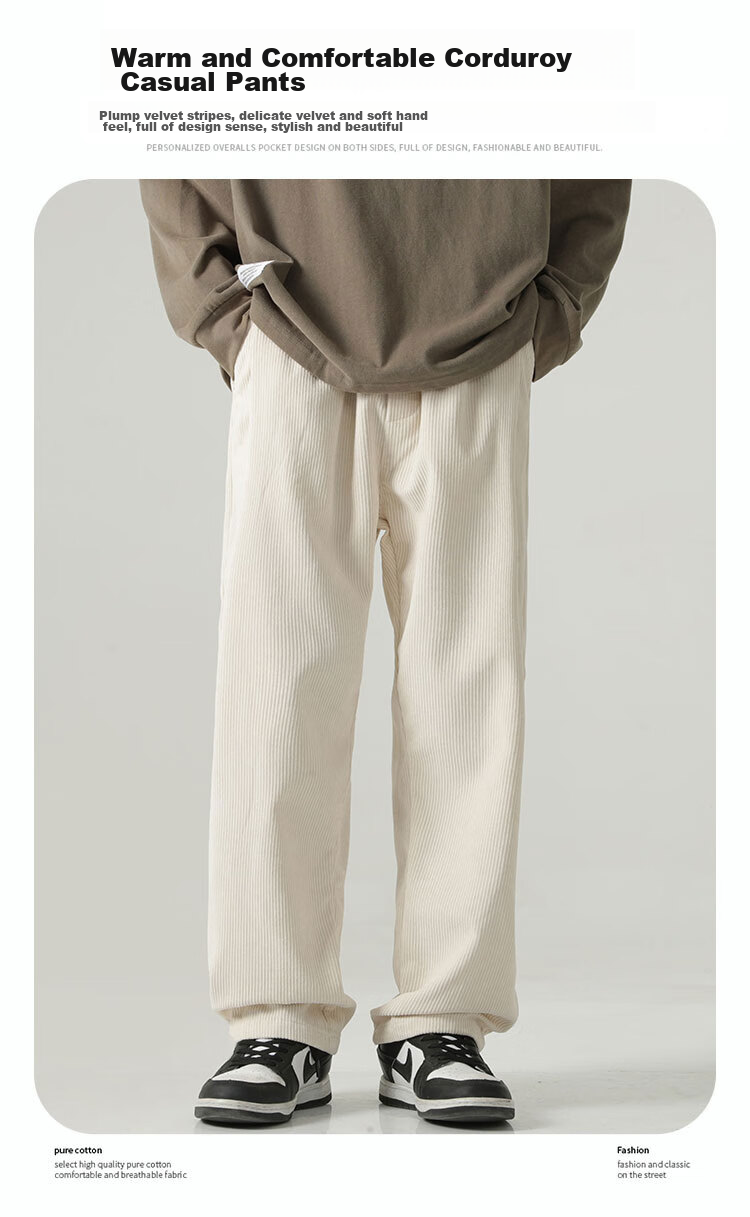 MMOPTOP Corduroy Pants for Men, Spring And Summer Vintage Loose-Fitting Straight-Leg Casual Trousers, 8302 Off-White S 1