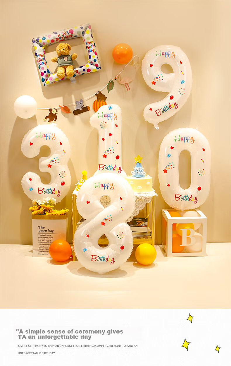 Shicai White Floral Print Number Balloon Decorations, Children's Birthday Party Scene Setup, Outdoor Handheld Photo Props, 4 Pieces 9