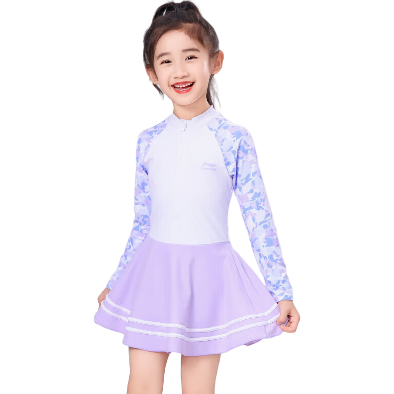Li-Ning Children's Swimsuit, Girls' Cute And Fun One-Piece Swimwear, Conservative Casual Style, 736 Long-Sleeve Version, Size 130