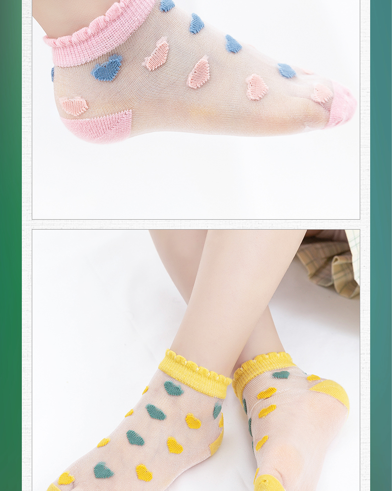 馨颂儿童船袜手工对目透明纱玻璃丝女童袜子五双装套装 彩色波点 (6-8