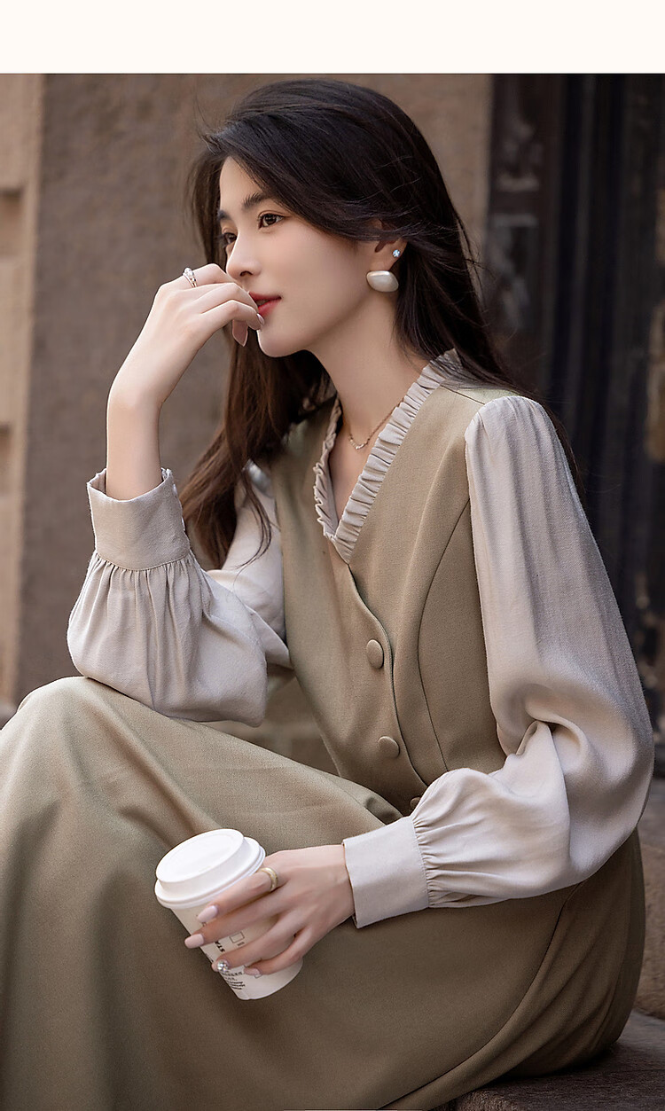 Dme [Ambiance Expert] Spring And Autumn Vintage Faux Two-Piece Ruffle V-Neck Puff Sleeve Waist-Cinching Pleated Women's Dress 18