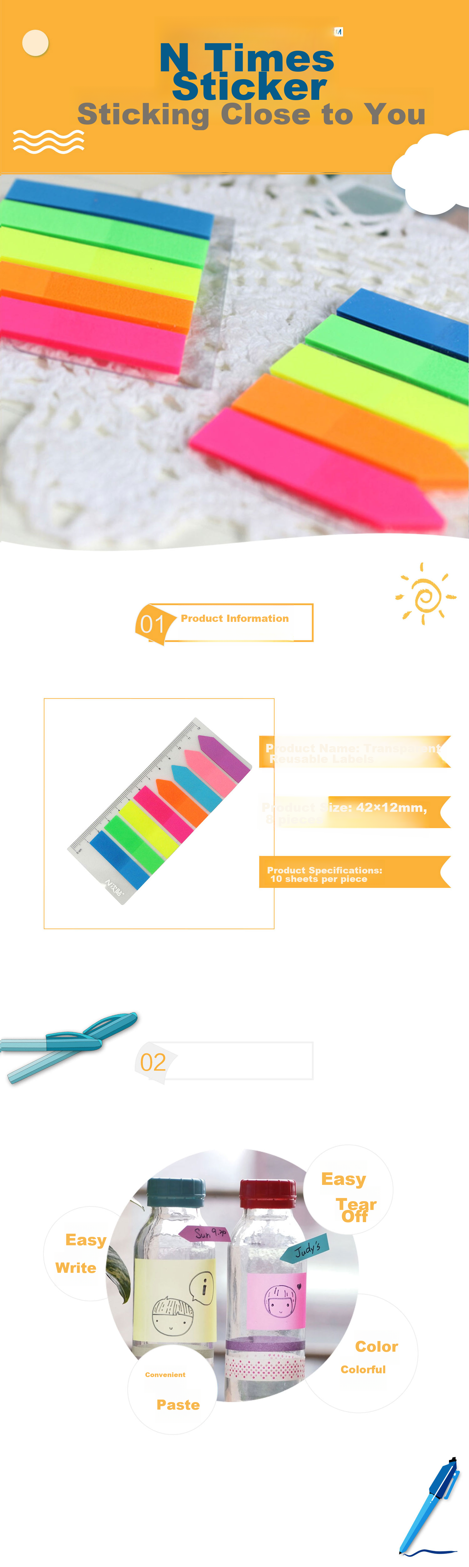 STICKN 80 Sheets Combination 8-Color Fluorescent Film Indicator Labels, 45*12mm Classification Index Sticky Notes Memo Pads 34034 3