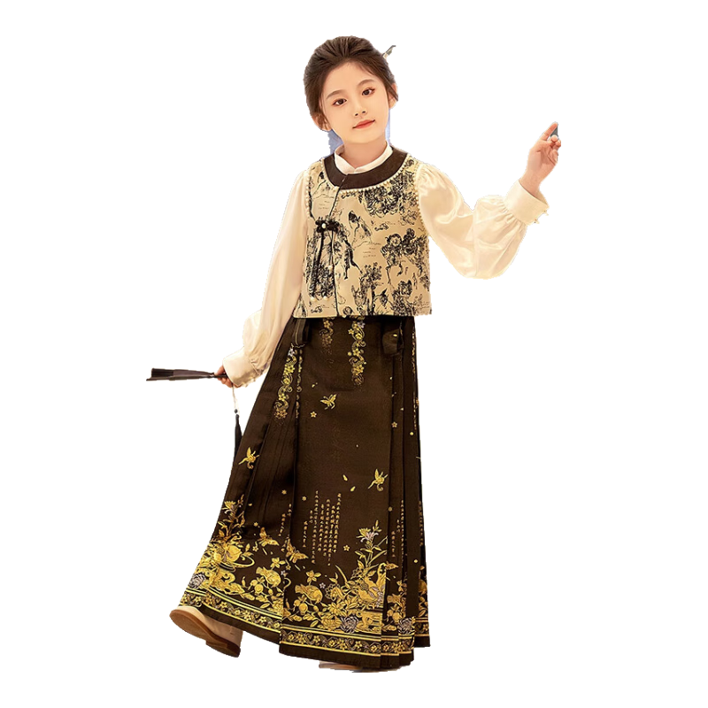 Romon Horse Mask Skirt National Style Spring Summer Hanfu Girls' Performance Outfit Jinyu Woven Gold Horse Mask Skirt Three-Piece Set Size 110