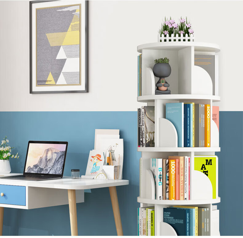 Yijia Rotating Bookshelf, 360-Degree Floor-Standing Student Creative Storage Bookcase, Multi-Layer Organizer Rack, White, Five-Tier 7