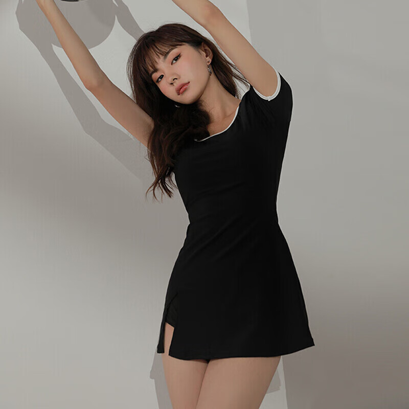 OMOM Conservative One-Piece Swimsuit for Women, Korean Style, Slimming, Tummy Control, Suitable for Hot Springs, Skirt-Like Design, Instagram Trendy Swimwear, Black, Size L