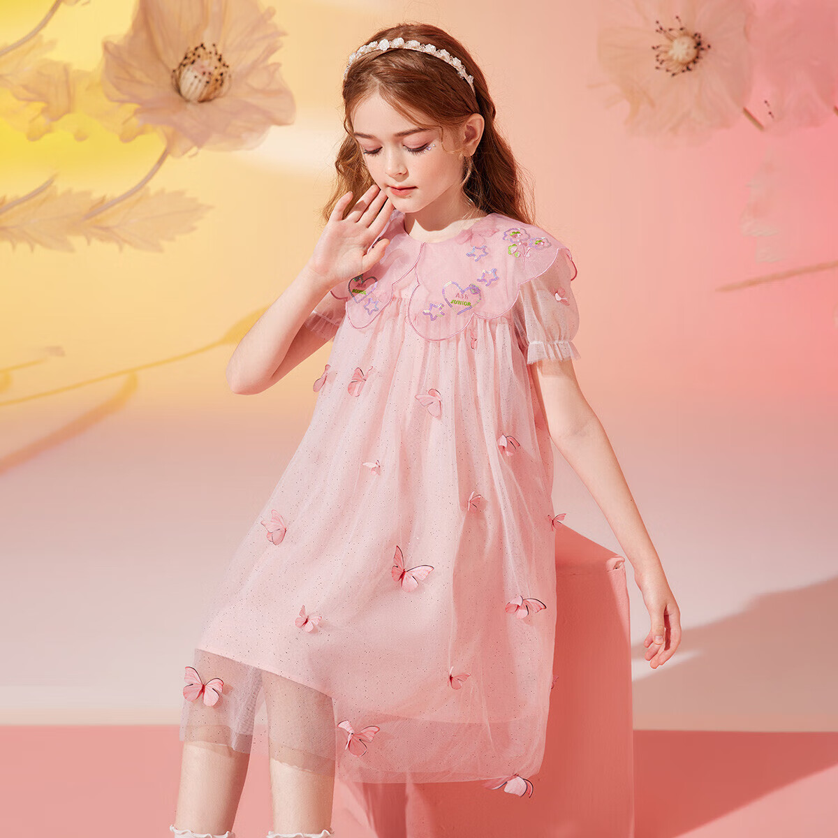 ASK JUNIOR Girls' Summer Dress, Children's Lightweight Fairy-Like Butterfly Mesh Fashion Doll Collar Princess Dress