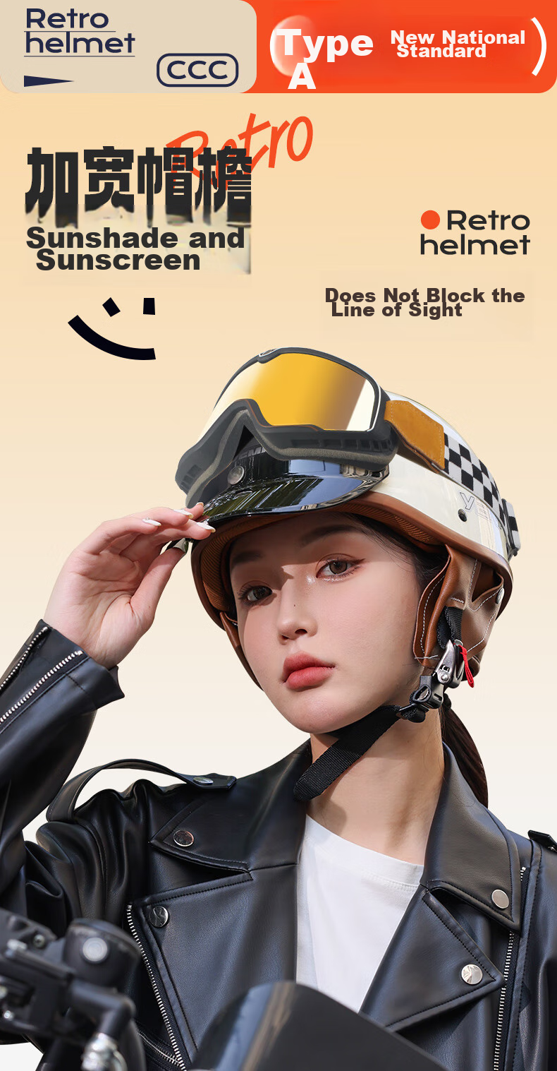 YEMA Helmet, 3C Certified, New National Standard Class A, Retro Stylish Half Helmet, All-Season Universal, for Men And Women, Motorcycle Helmet, Electric Motorcycle Safety Helmet, Cool Gray + Black Tea Wind Glasses, One Size Fits All 7