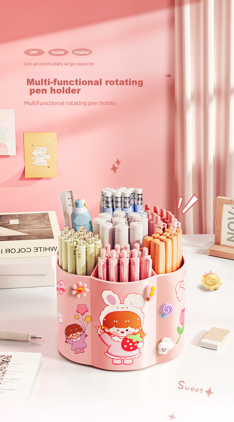 Jinzhi Pink 360-Degree Rotating Pen Holder, Large Capacity Storage Box, Essential for Students And Children Back to School, Cute Multifunctional Pen Organizer, Office Desk Decoration, Storage Container for Cosmetics 1