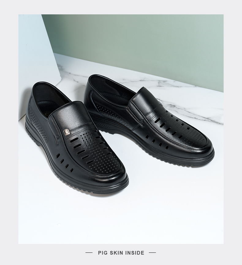 LAORENTOU Men's Business Casual Leather Slip-On Shoes Layered Cowhide Non-Slip Breathable Hollow Shoes LL12163 Black Size 38 10