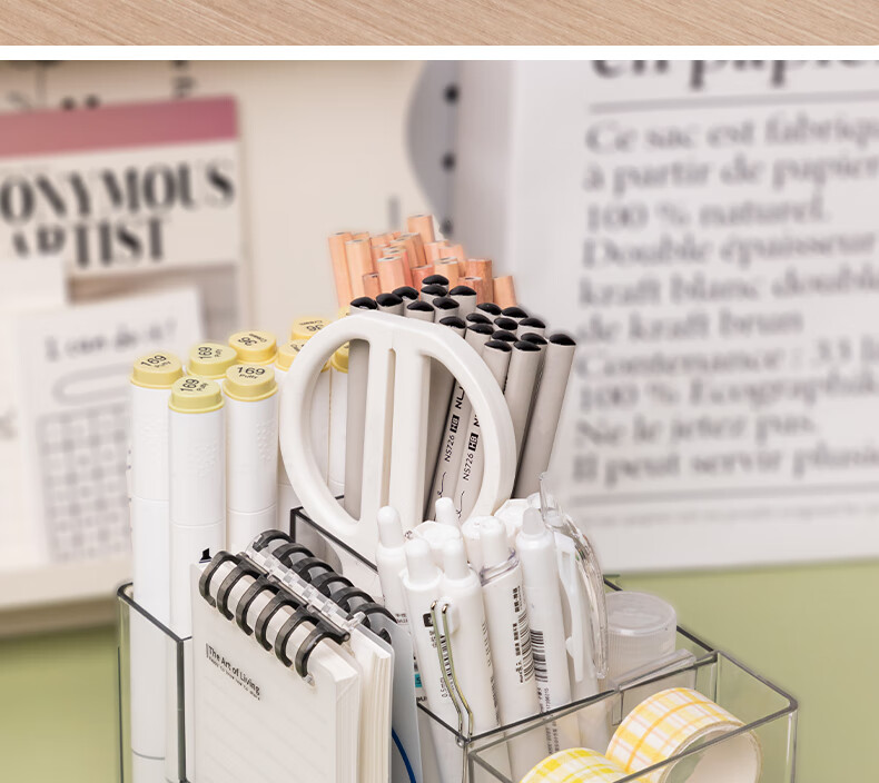 Deli Creative Rotating Pen Holder Simple Multifunctional Large Capacity Desk Organizer Storage Box Transparent PK200 3