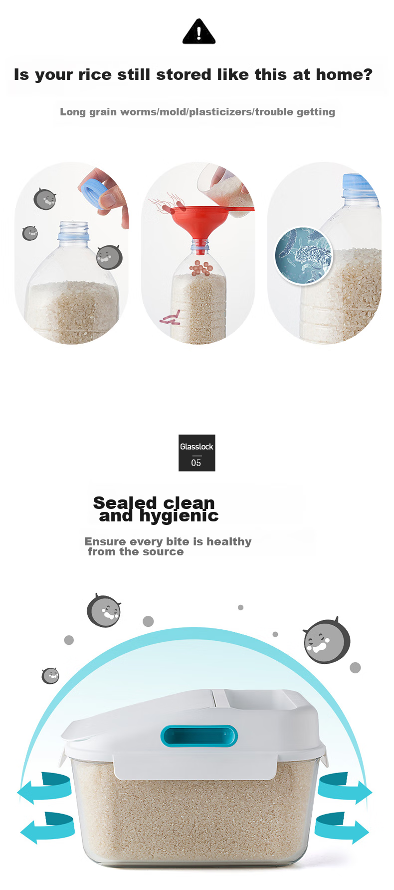 GLASSLOCK Rice Container with Insect-Proof Glass Lid, Kitchen Sealed Glass Storage Bin for Grains And Cereals, Large Capacity Moisture-Proof Rice Bucket 3.7L 8
