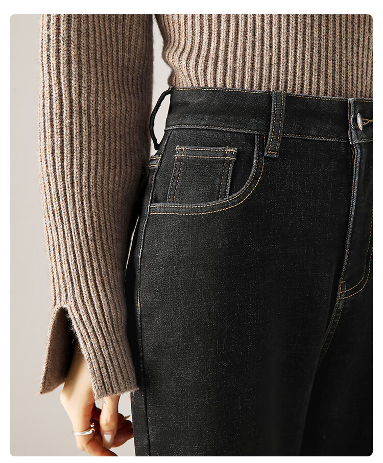 Dme [Extreme Cold Protection] Winter Fleece-Lined Thick Dad Pants, Loose-Fitting Slimming Denim Harem Pants for Women, Carbon Black, Size 31 28