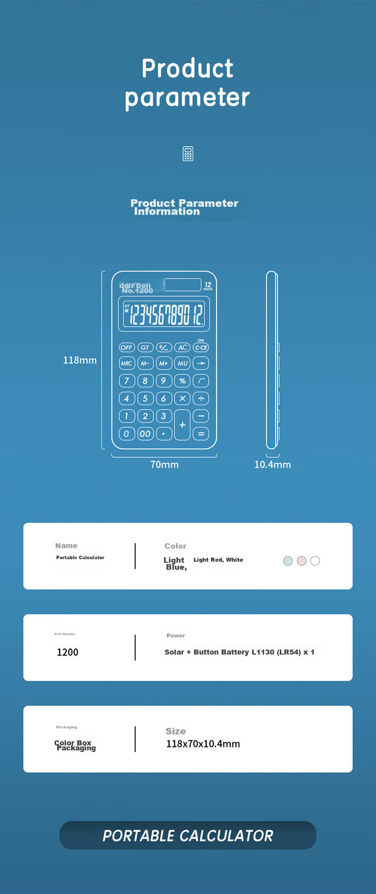 Deli Dual Power Portable Stylish Calculator, Slim Body with Silicone Buttons, Cute Desktop Calculator for Children And Students in Fourth Grade, Learning Supplies, Light Blue 1200 12
