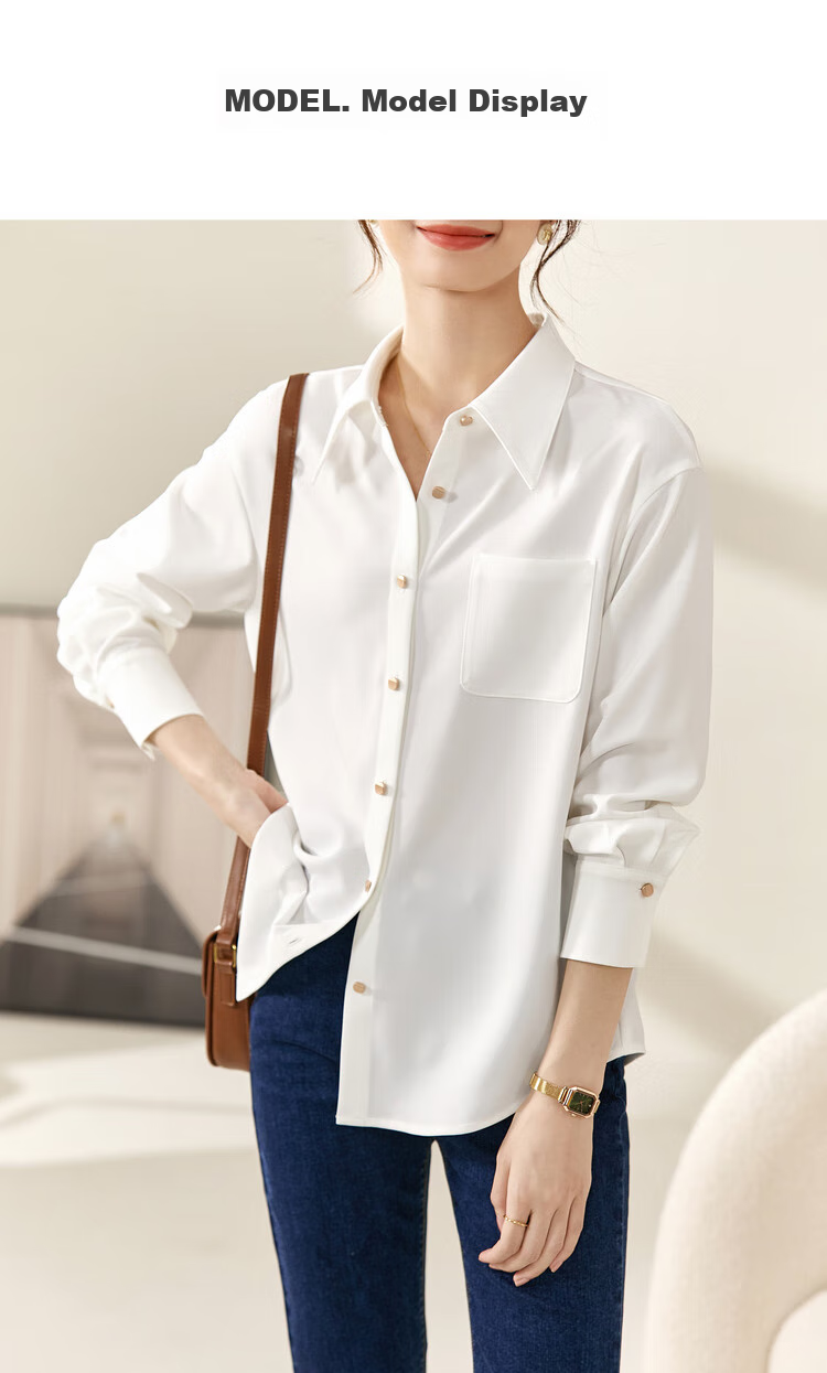 Sentubila Business Casual White Shirt for Women, Spring And Autumn Professional Formal Wear, Glossy Metal Button Long-Sleeve Blouse Top 11