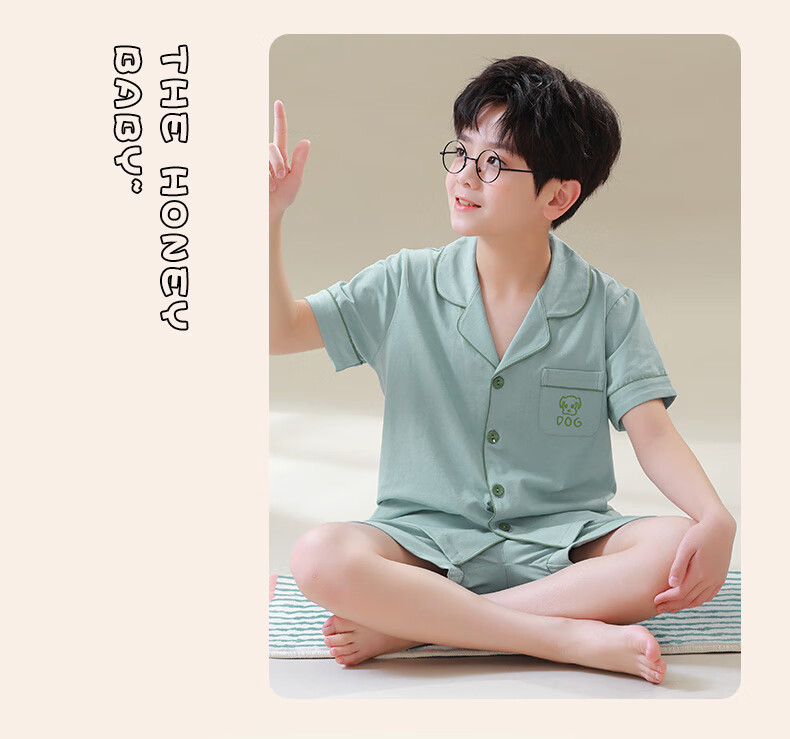Hengyuanxiang Children's Pajamas, Boys' Pure Cotton Summer Thin Short-Sleeve Loungewear, Cardigan Sleepwear And Pajama Pants Set 8