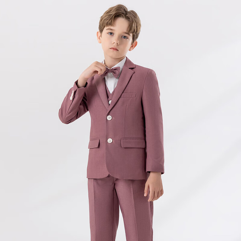 LUOBOBEIBEI Children's Small Suit, Handsome Boys' British Style Blazer Jacket, Spring New Year Outfit, Pink Four-Piece Set, Size 140