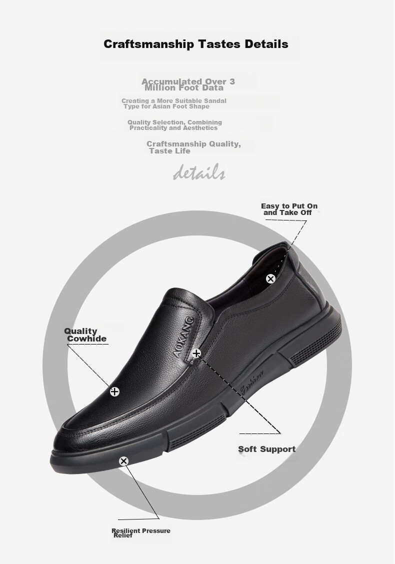 Aokang Official Spring And Autumn Popular Business Casual Leather Shoes, Comfortable Versatile Slip-On Shoes for Men, Black, Size 41 3