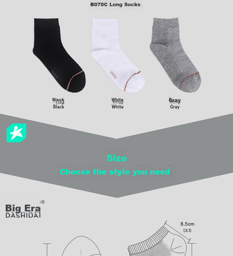 Dashidai Official Antibacterial Deodorizing Socks, Unisex Sports Socks, Cotton Socks with Antibacterial And Sweat-Absorbing Properties, B070C Long Socks, 2 Black, 2 White, 2 Gray 28