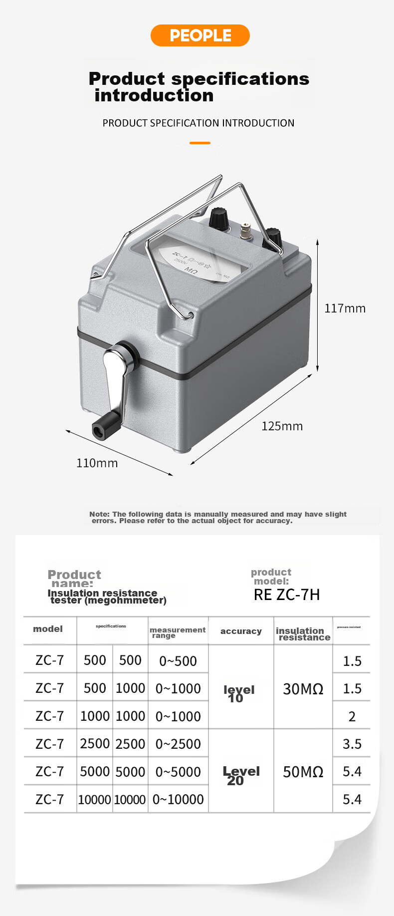 Renmin Megohmmeter Insulation Resistance Tester Electrician's Resistance Meter ZC-7 500V/500MΩ 12