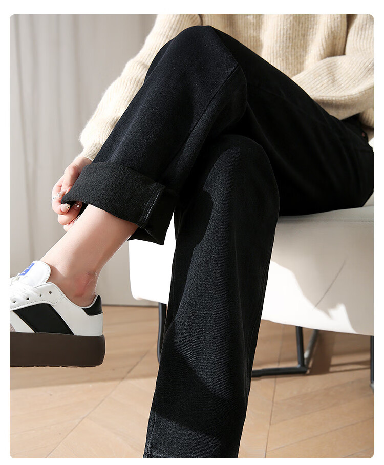 Dme [Fleece-Lined Slim Straight-Leg Pants] Winter Slim Straight-Leg High-Waist Elastic Fleece Wide-Leg Jeans for Wome 20