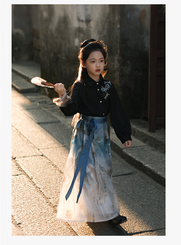 Qibo Girls' Spring 2025 New Chinese-Style Hanfu Top (Top Only), Ma Face Skirt, Ink-Style Top 8