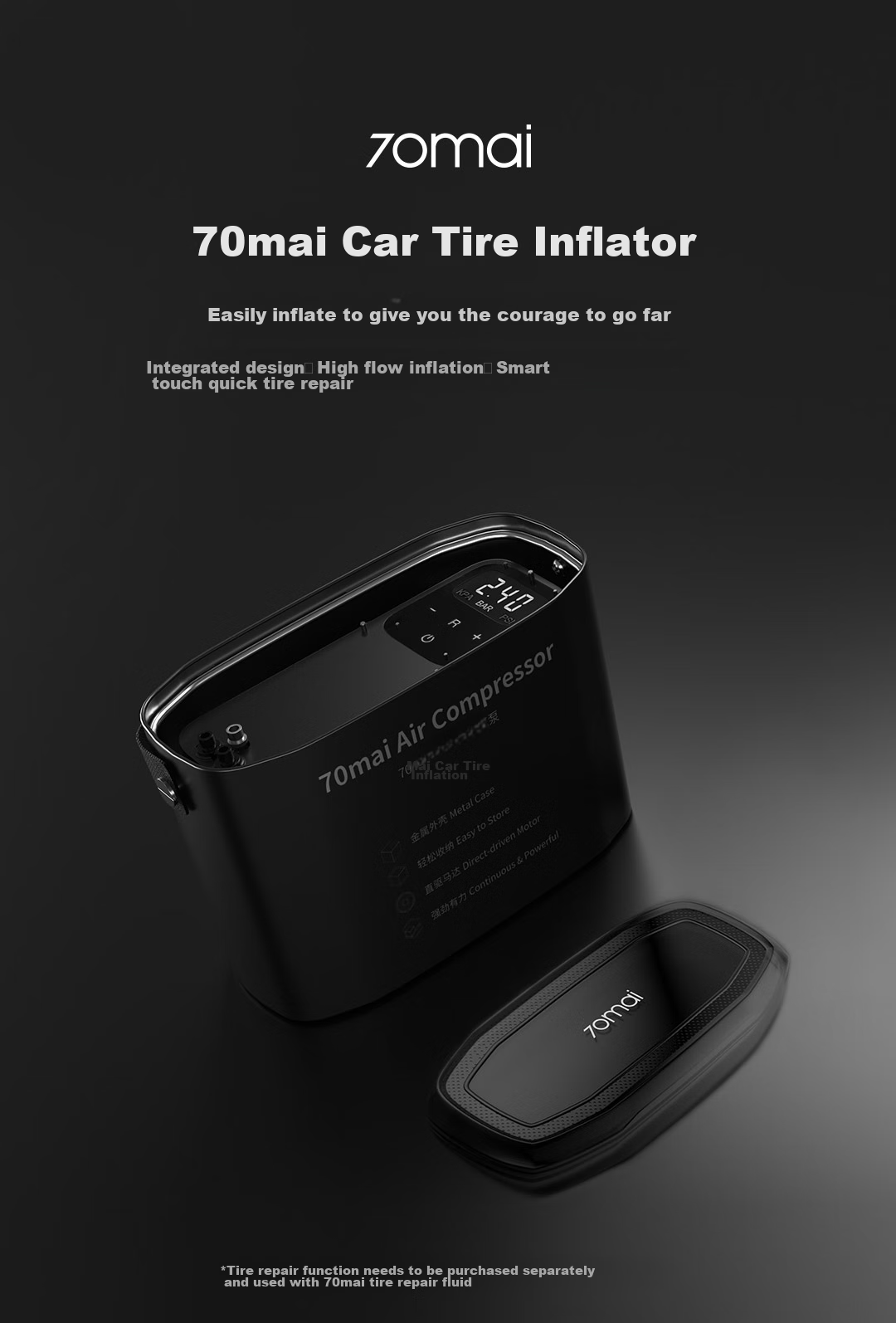 70Mai Car Air Pump, Preset Tire Pressure, Digital Display Portable Tire Inflator, Smart Touch Control, Air Pump 1
