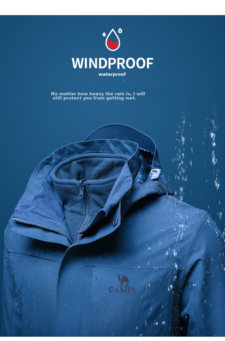 CAMEL Windbreaker Jacket for Men And Women, Three-In Detachable Two-Piece Set, Outdoor Heavy Rain-Proof Waterproof Windproof Mountaineering Suit 9