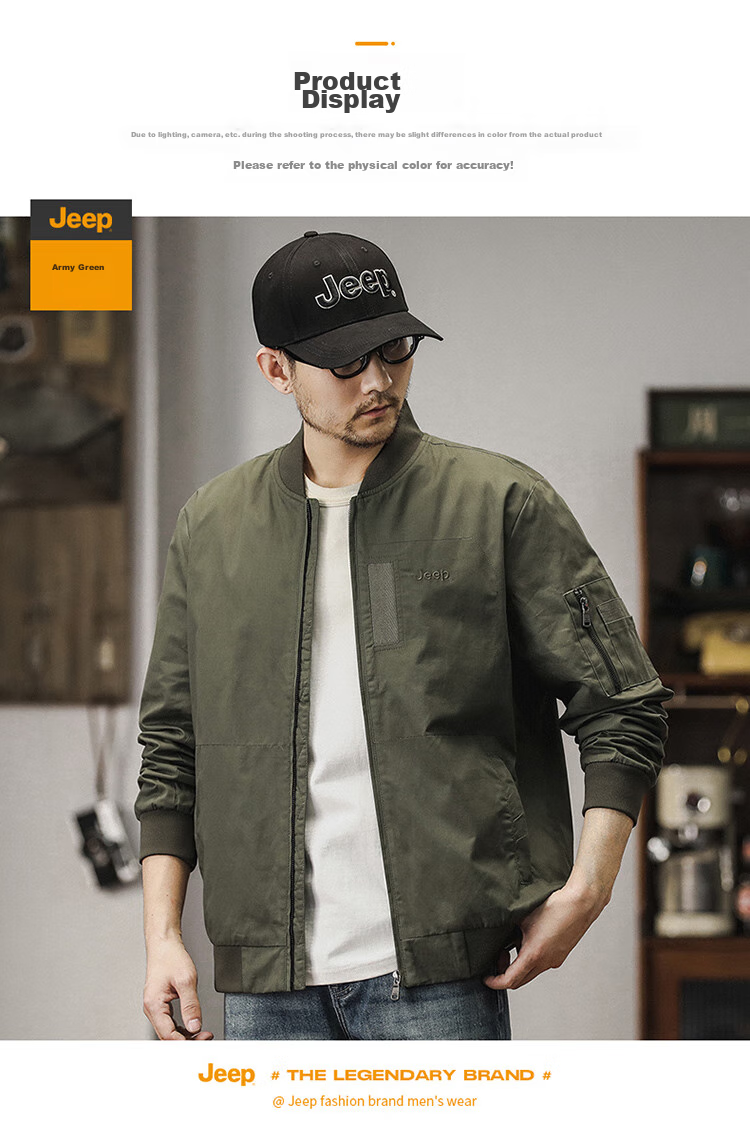 JEEP Men's Jacket, Spring And Autumn Workwear Baseball Collar Casual Clothing, Black, 2XL 16