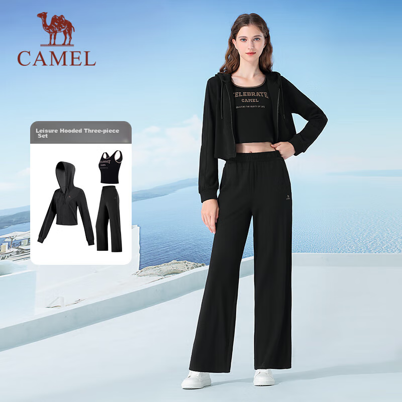 CAMEL Casual Sports Set, New Women's Outerwear, Wide-Leg Straight Pants, Vest Three-Piece Set, Knitted Casual Sportswear
